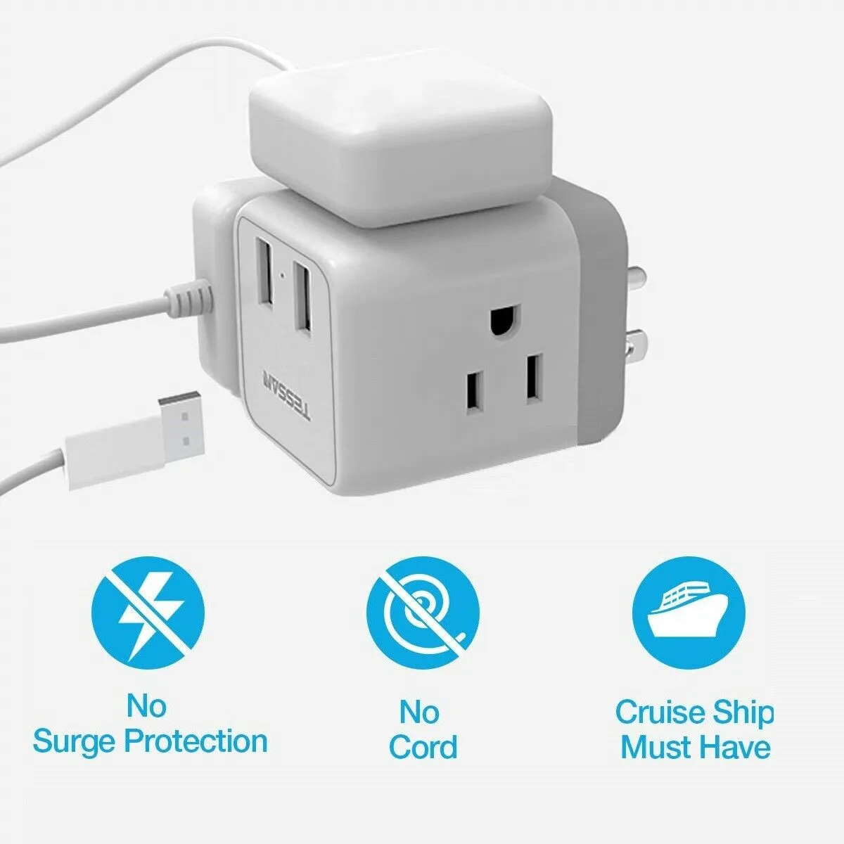 

Cruise Ship Power Plug Charger Adapter With 2 USB Charging Ports 3 AC Outlets Power Strip for Travel