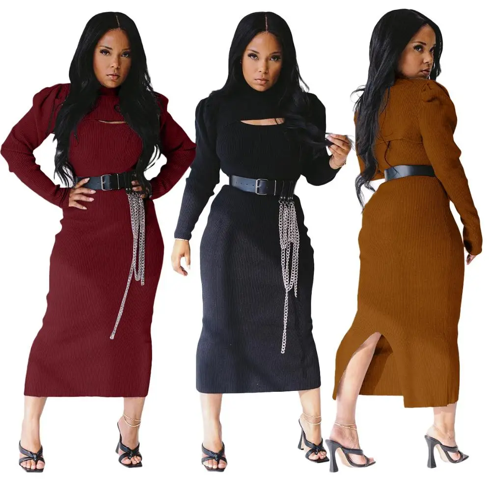 

Autumn new fashion solid color sexy casual two-piece set slim o-neck long sleeve shirt and long skirt women's suit