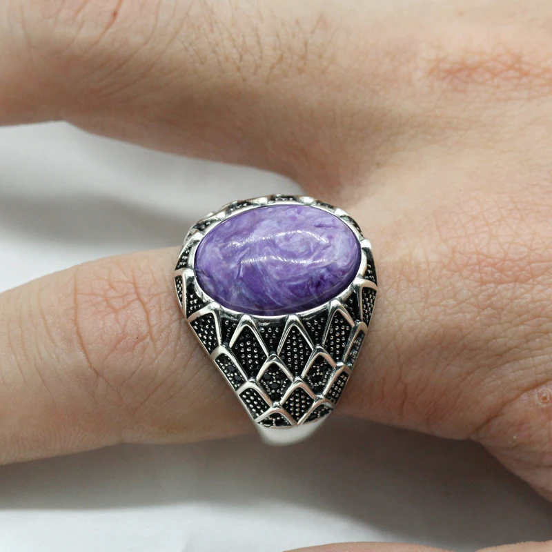 Мужское ювелирное изделие кольцо из серебра S925 пробы с натуральным фиолетовым