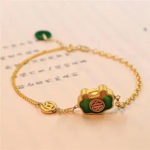 

S925 Sterling Silver Lock of Good Wishes Bracelet Chain Body Hetian Jade Peace Buckle Good Luck Lucky Fortune New Product