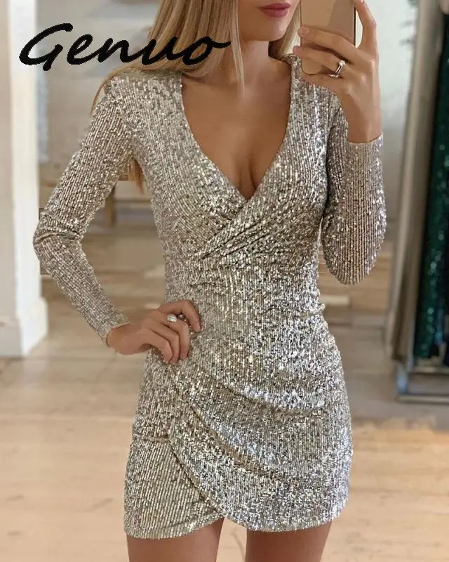 Женское блестящее платье с длинным рукавом V-образным вырезом и драпировкой |