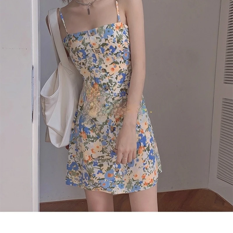 

Summer Floral Print Strap Dress Women Elegant Backless Designer Cute Dress Female Kawaii Casual Beach Sexy Party Mini Dress 2021