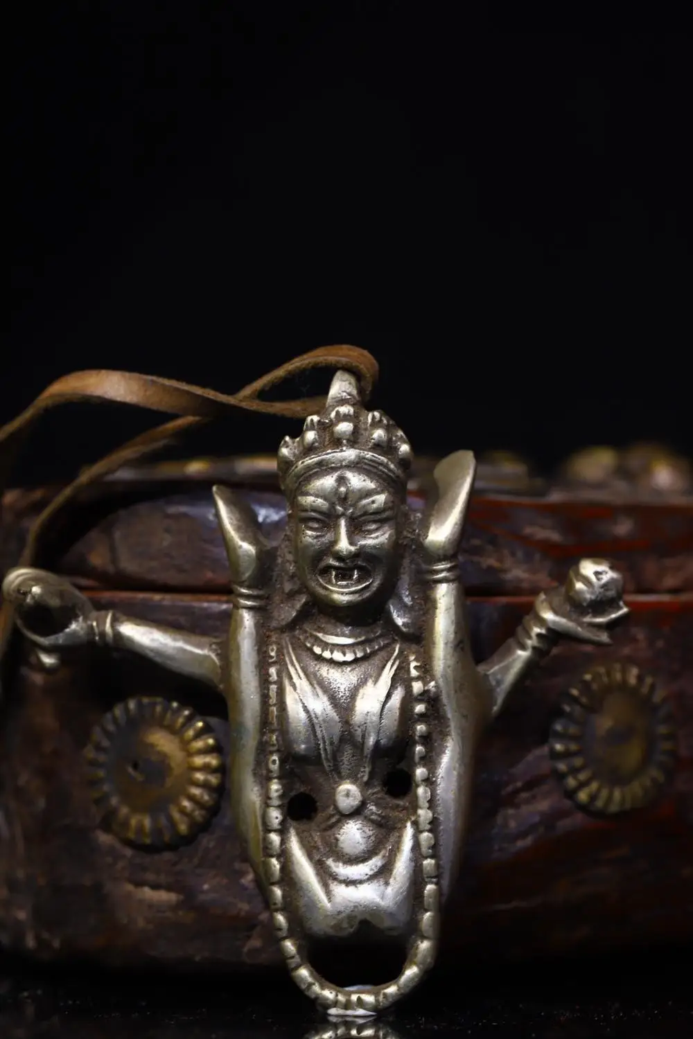 

3"Tibet Buddhism Temple Old Bronze Gilt silver Mahakala statue pendant Happy Buddha Ward off evil spirits Exorcism