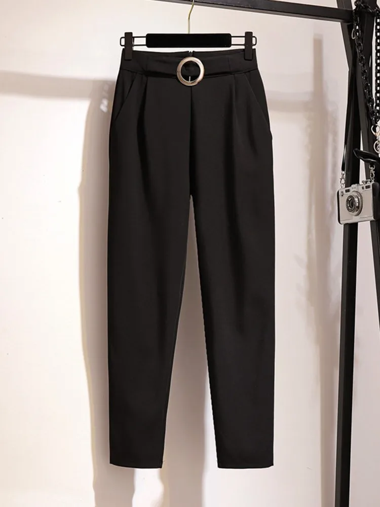 

Новинка 2021, осенние брюки, женская одежда для работы в Корейском стиле, свободные прямые повседневные брюки, укороченные брюки с завышенной ...