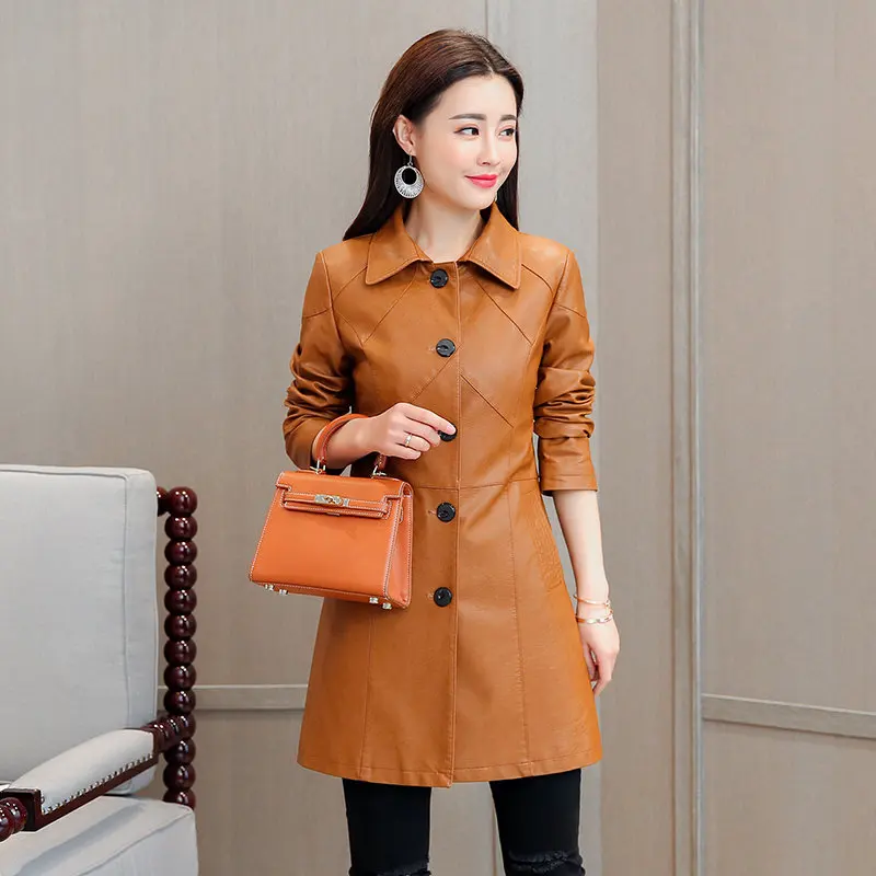 

Женский Длинный тренчкот из искусственной кожи на осень-зиму