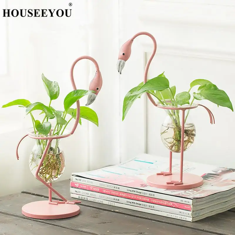 Розовая стеклянная настольная Гидропоника в форме фламинго растение бонсай
