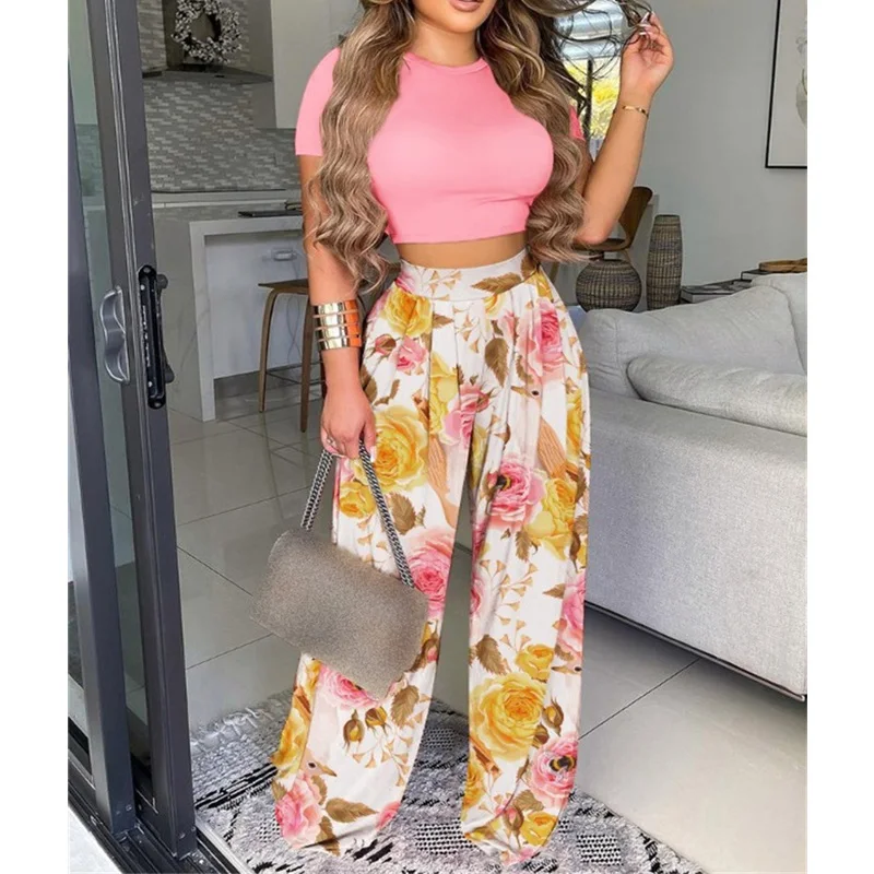 

Summer 2021 Elegant Women Two Piece Set Ladies Casual O-neck Crop Plain Top & Floral Print Wide Leg Pants Set 7 Colors