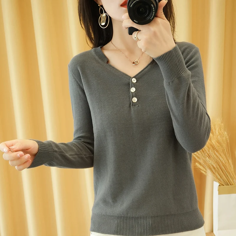 

Women's Sweater Casual Loose Worsted Cotton Knit Outer Jumper With Button Decoration V-Neck Warm Pullovers Spring Autumn Winter