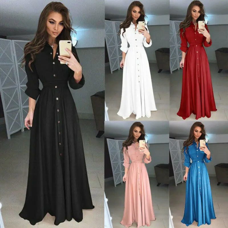 Женское платье макси на пуговицах однотонное красное свободное большого размера