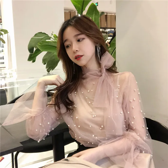 

Autumn Women's Clothing Bow Bandage Beading Perspective Mesh Chiffon Blouse Female Solid Spaghetti Strap Korean Two-piece New