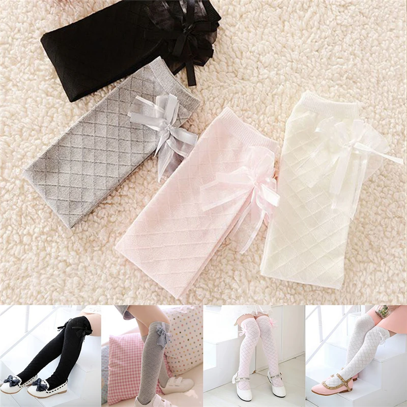 Calcetines cl&aacute;sicos de algod&oacute;n para ni&ntilde;a, medias hasta la rodilla, con lazo-3