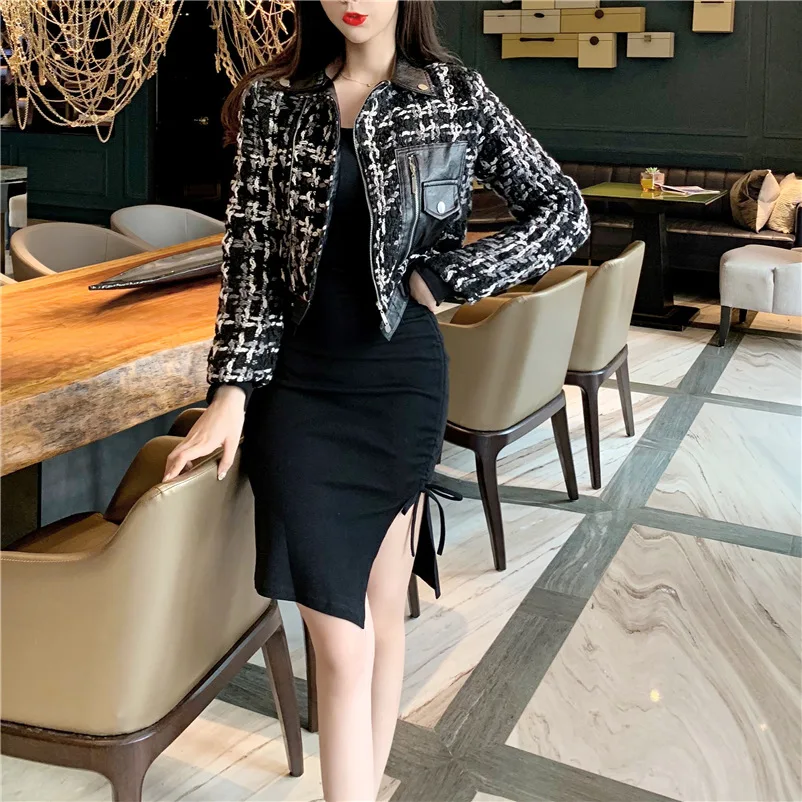 Женское черное клетчатое пальто куртка из искусственной кожи на молнии с большим