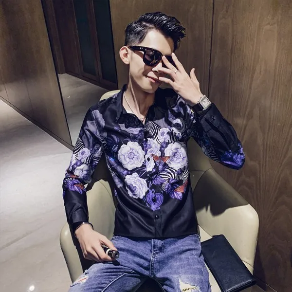 Camisa Masculina цифровой принт мужские рубашки с длинным рукавом Осень мужские рубашки с цветочным узором повседневные приталенные рубашки для ночного клуба homme 3XL - Цвет: Черный