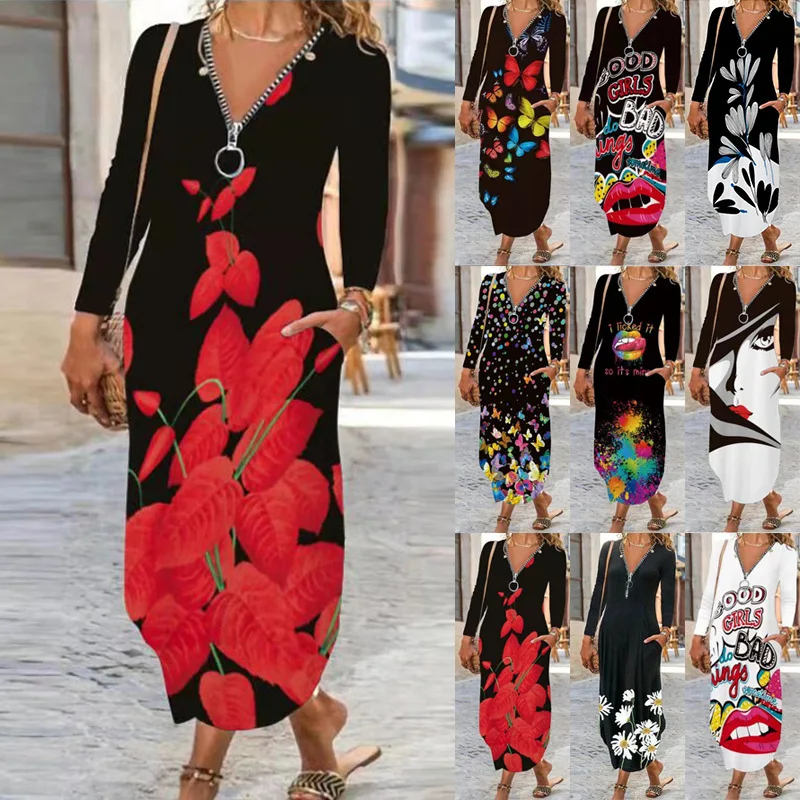 

Women's 2021 Autumn And Winter New Style Commuter 3D Retro Printing Zipper Pocket Casual V-Neck Fashion Long Skirt