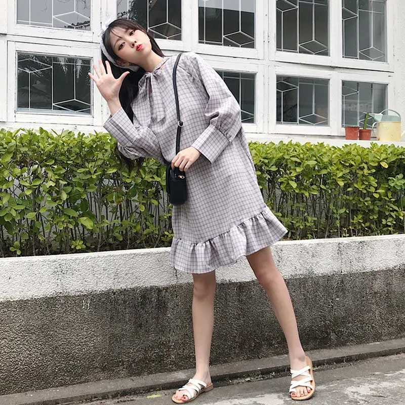

Kawaii Women Lattice Dress 2021 Summer New Lolita Cute Girl Dresses Fashion Chic Sweet Harajuku Long Sleeve Mini Dress Vestidos