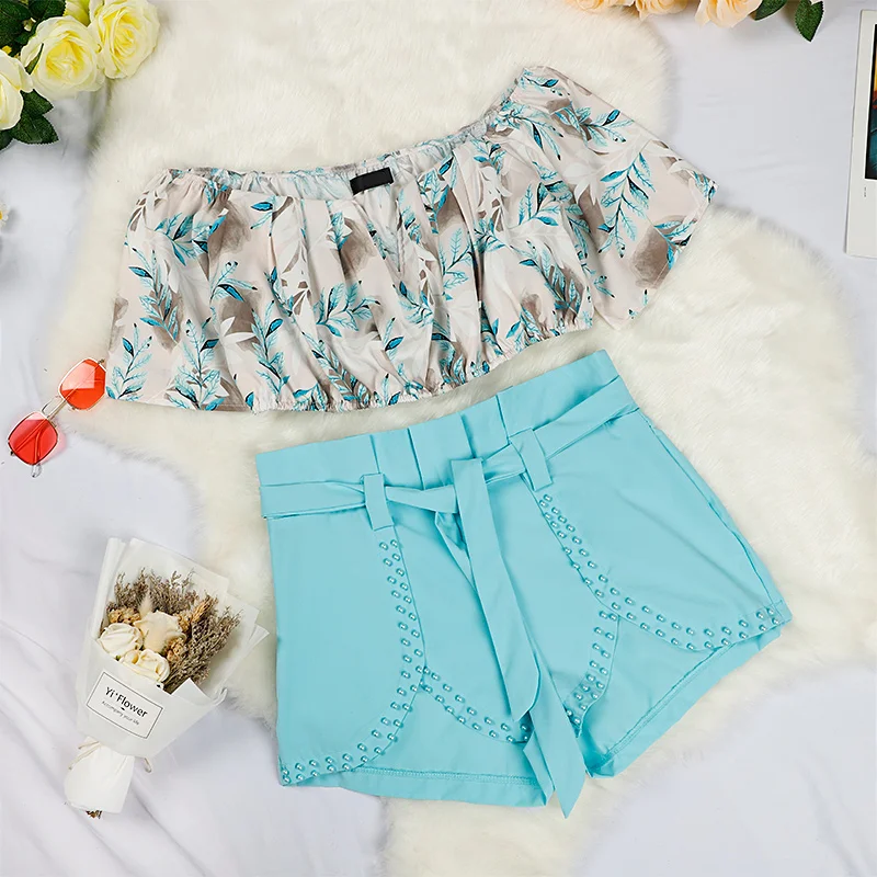 Женский комплект с открытыми плечами и принтом листьев из 2 предметов