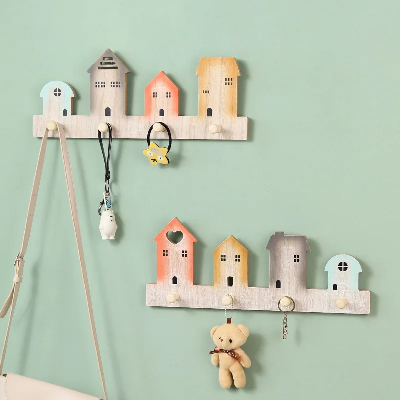 

House Shape Wooden Hook Natural Wood Hooks for Baby Kids Girl Room Decor Space Saving Home Decoration Wall Hook Storage Rack