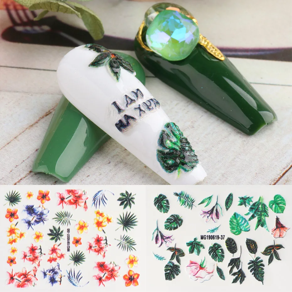 

Embossed Nail Decals 5D Elegant Flowers Leafs Designs Water Nail Decals Stickers Decoration For Nail Tips Beauty