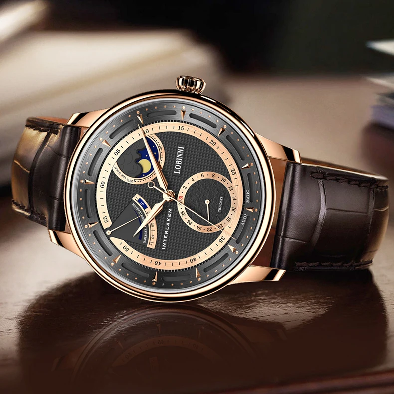 Мужские автоматические часы Lobinni Роскошные мужские Moonphase водонепроницаемые