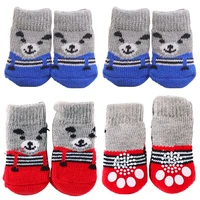 4pcsset soft pet knits socks warm puppy dog shoes cute cartoon anti slip skid socks for small dogs wear slip on paw protector