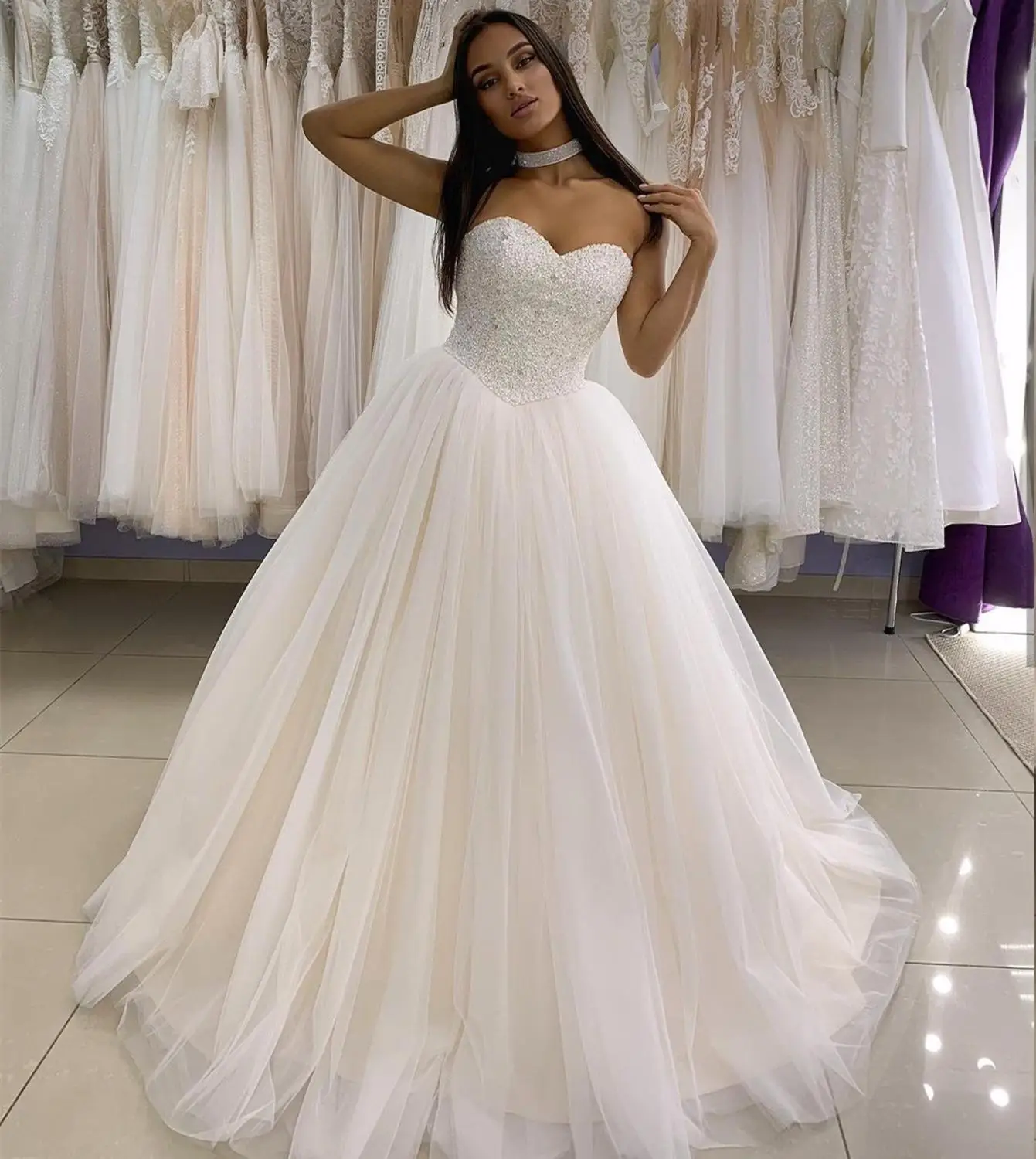 

Wedding Dress Gorgeous Crystal Beading A-Line Tulle Sleeveless Sweetheart Princess Robe De Mariee Bridal Gowns Charming Tulle