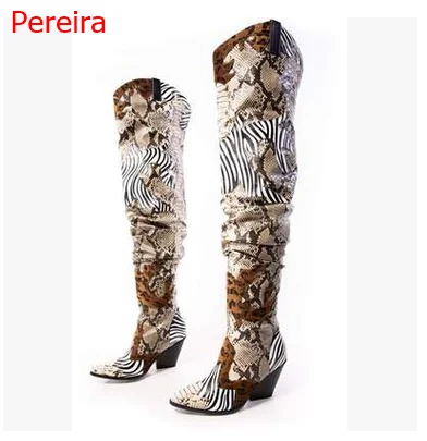 

Leather snake print women's over the knee graffiti high boots retro pointed toe wedge high boots ladies plus size 42 43 44