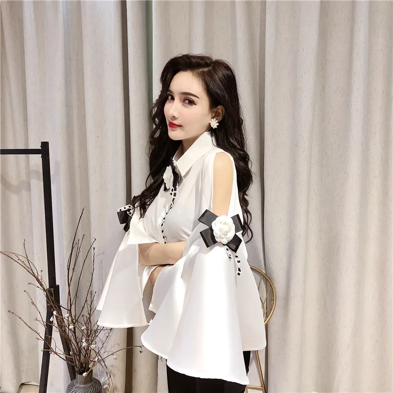 Женская шифоновая блузка винтажная приталенная рубашка с отложным воротником