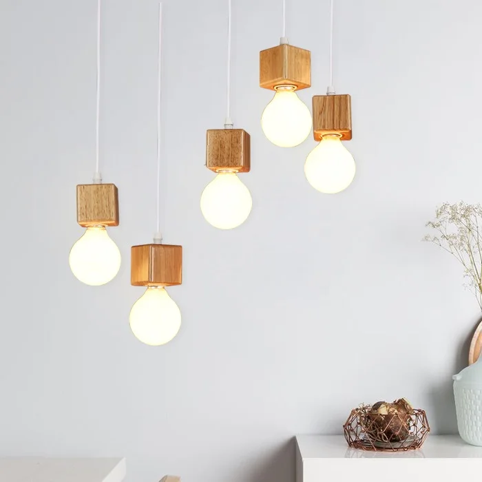 Nordic Wood Edison E27 Lamp Base Modern Lamp Holder Wooden Pendant Light for Home Dining Room Coffee Shop Bar Lighting Fixture