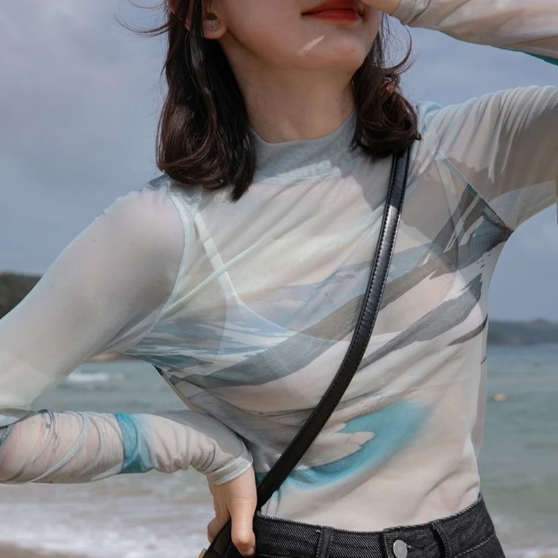 

Women Turtleneck Mesh See Through Mountain Trees Print T Shirt Spring Summer Long Sleeve Tshirt Female Transparent Base Top Tees