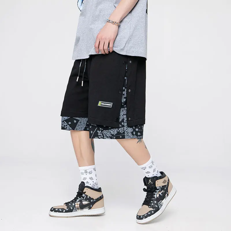 

Summer Breasted Fake Two-piece Shorts Male National Trend Hiphop Cashew Flower Stitching Loose Trend Casual Five-point Pants Men