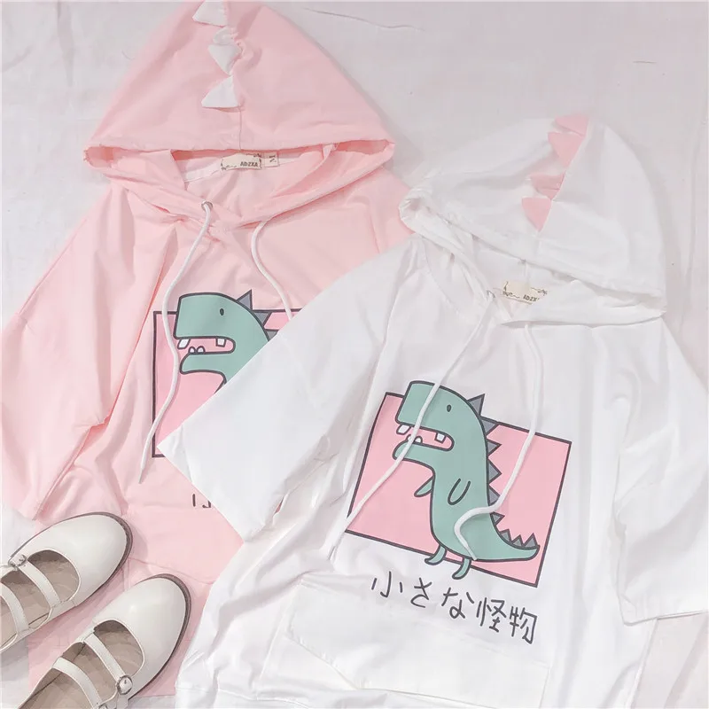 

Harajuku Cute Dinosaur Pattern Women's Hooded Short Sleeve T-shirt Tee Kawaii Girl Student Pullover Summer Pink & White Shirts