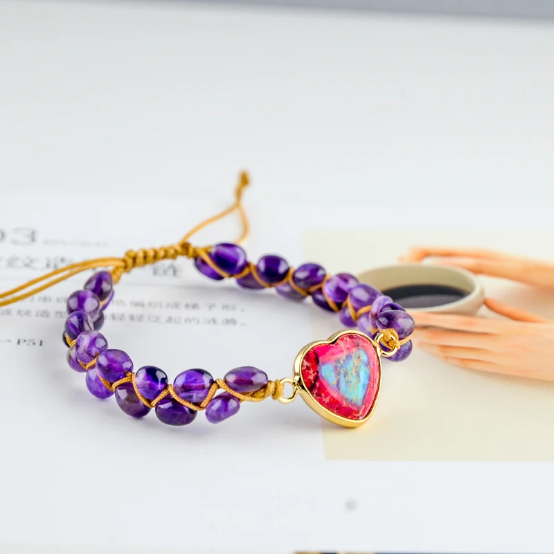 

Love Natural Stone Heart Charm Bracelets String Braided Macrame Bracelets Jaspers Friendship Wrap Bracelet Femme Women Jewelry