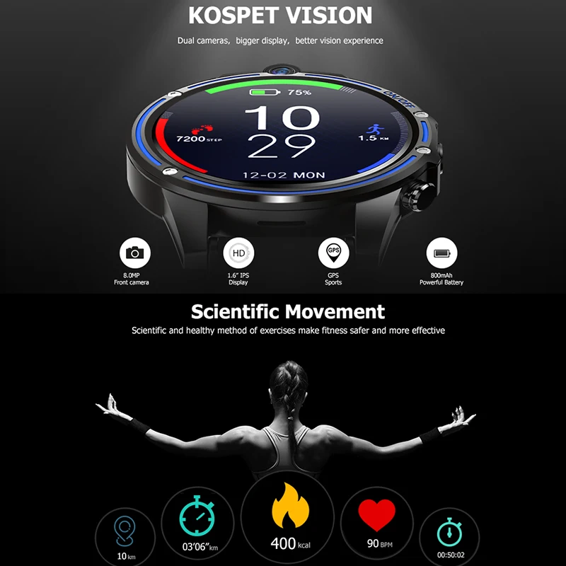 KOSPET Vision Smartwatch Смарт часы gps 4G Android 3 + 32 Гб Sim двойная камера наручные