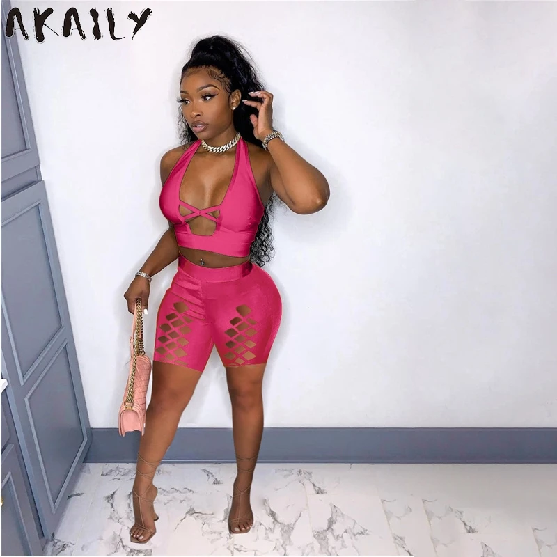 

Akaily Summer Streetwear Solid Hollow Out 2 Two Piece Sets Women Matching Set Female Halter Sleeveless Crop Top Shorts Sets 2021