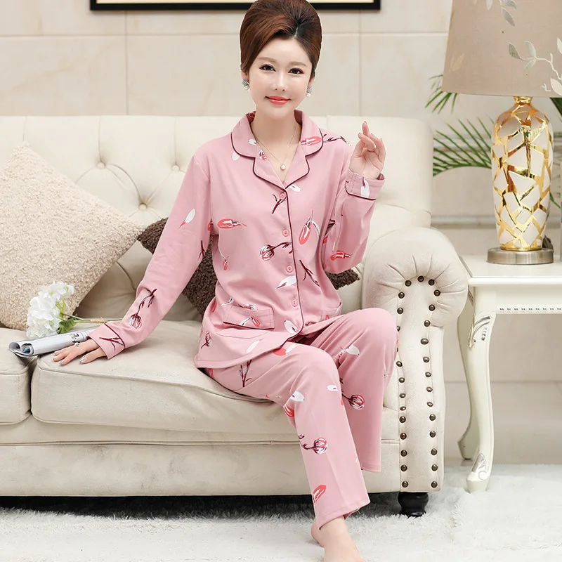 

Plus Size Cotton Women Pajamas Set Sleepwear Casual Loose 2pcs Shirt&pant Nightwear Pijamas Suit Print Long Sleeve Home Clothes