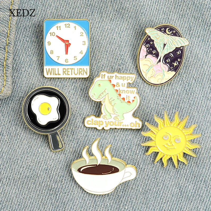 

XEDZ Cartoon Oval Butterfly Omelette Pan Coffee Enamel Sweater Pins Fashion Dinosaur Sun Clock WILL RETURN Badge Women Jewelry