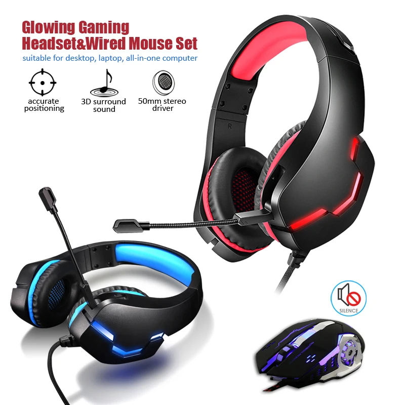 

Gaming Headset Wired+Gaming Mouse Set Glowing Headphones with Mic Supper Bass Earphone for PS5 /PS4/ Xbox/ PC/ Laptop