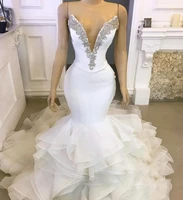 2022 mermaid african wedding dresses with crystals beads bridal gowns formal plus size tiered skirts lace up vestidos mariee