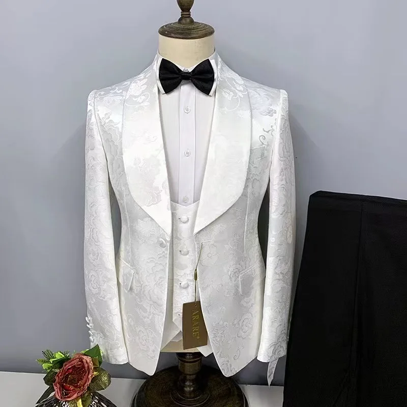 

Pattern White Suit Men Party Stage Groomsmen Costume Men Homme Wedding Tuxedo 3 Peice Set Wedding Men Suit Set