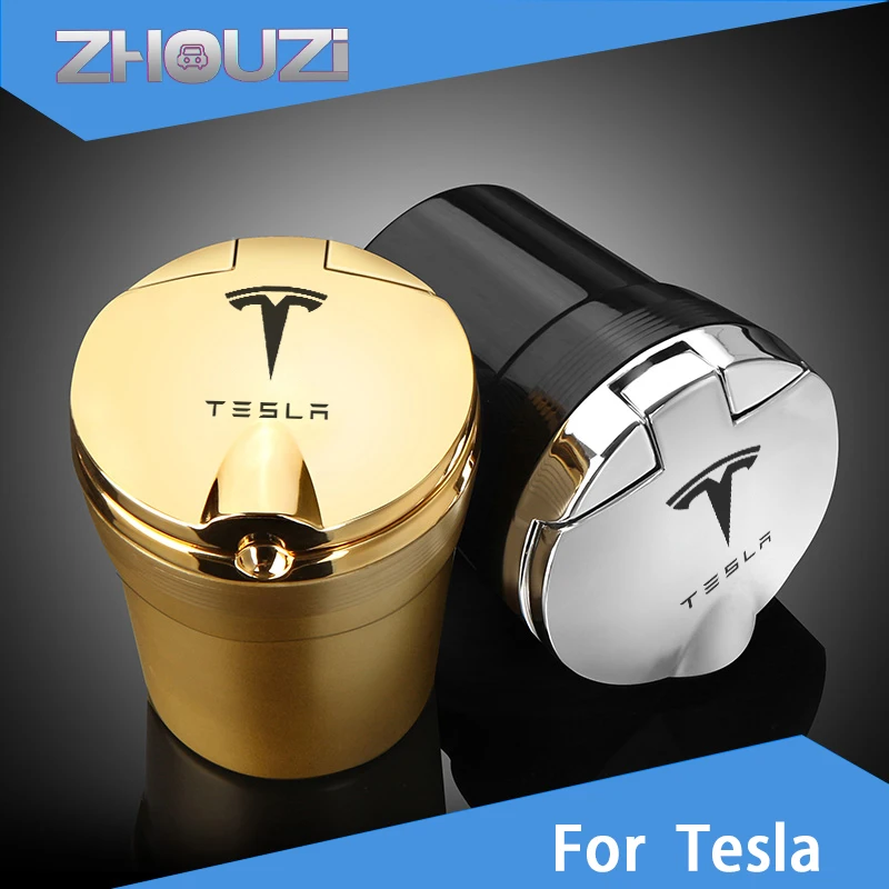 

For Tesla Model 3 S X Y Cigarette Smoke Holder Remover Car Logo Ashtray With Led Light Lighter Blu-Ray Car Accessories