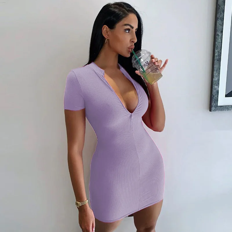 

New high-neck short-sleeved bag hip skirt women's source zipper dress