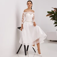 tea length wedding dress elegant a line 2021 boat neck appliques lace long sleeves bridal gown tulle vestido de novia summer