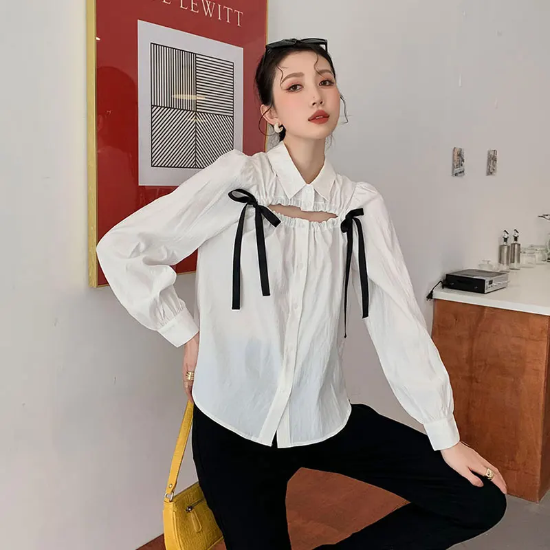

Women Spring Autumn Solid Color Loose Hollow Out Elegant Shirts Female Fashion New White Blouses Ladies Brand Vintage Shirt ML80