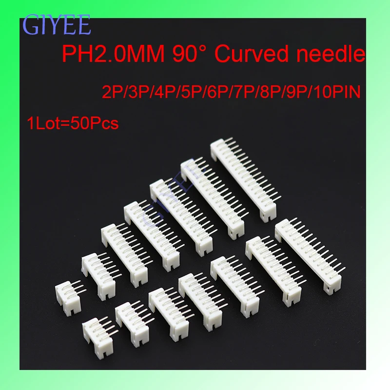 50PCS/Lot PH2.0 Right Angle pin Header 2/3/4/5/6/7/8/9/10PIN PH-AW PH 2.0mm pitch 90 degree bending needle PCB wire Connectors