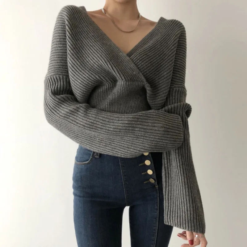 Вязаный женский Повседневный свитер сексуальный ВЯЗАННЫЙ ПУЛОВЕР С