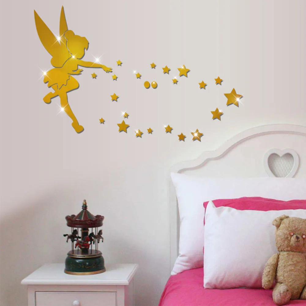 Ангел волшебная фея и звезды 3D Зеркальная Наклейка на стену декор для детских