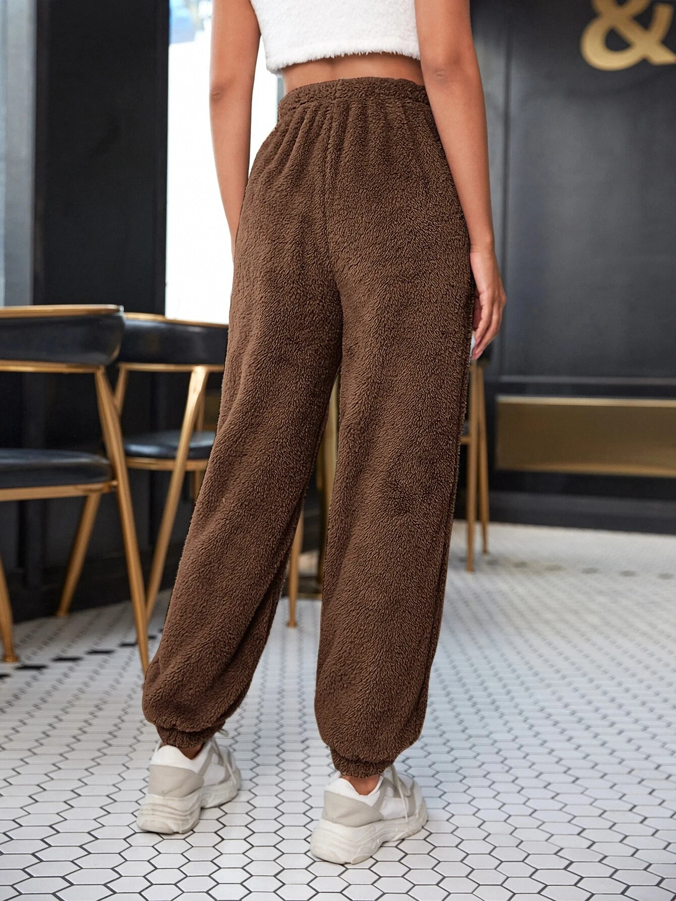 

Women Plush Casual Pants Simple Style Solid Color Elastic Waist Leg Warm Feeling Soft Autumn Winter Trousers for Street Homewear