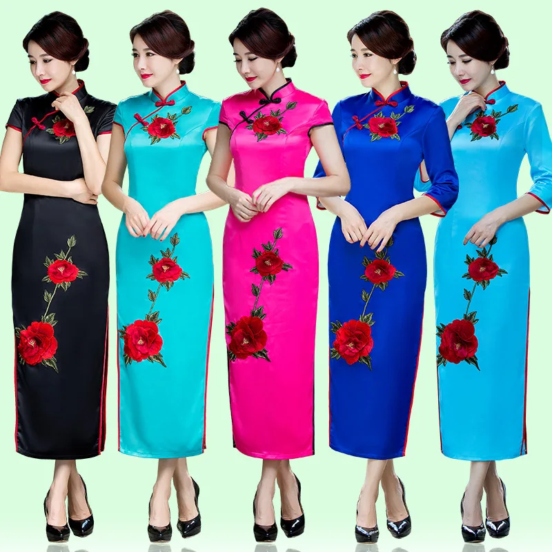 

Элегантное традиционное атласное китайское платье-Ципао с воротником-стойкой, винтажное женское вечернее платье большого размера 5XL с цвет...