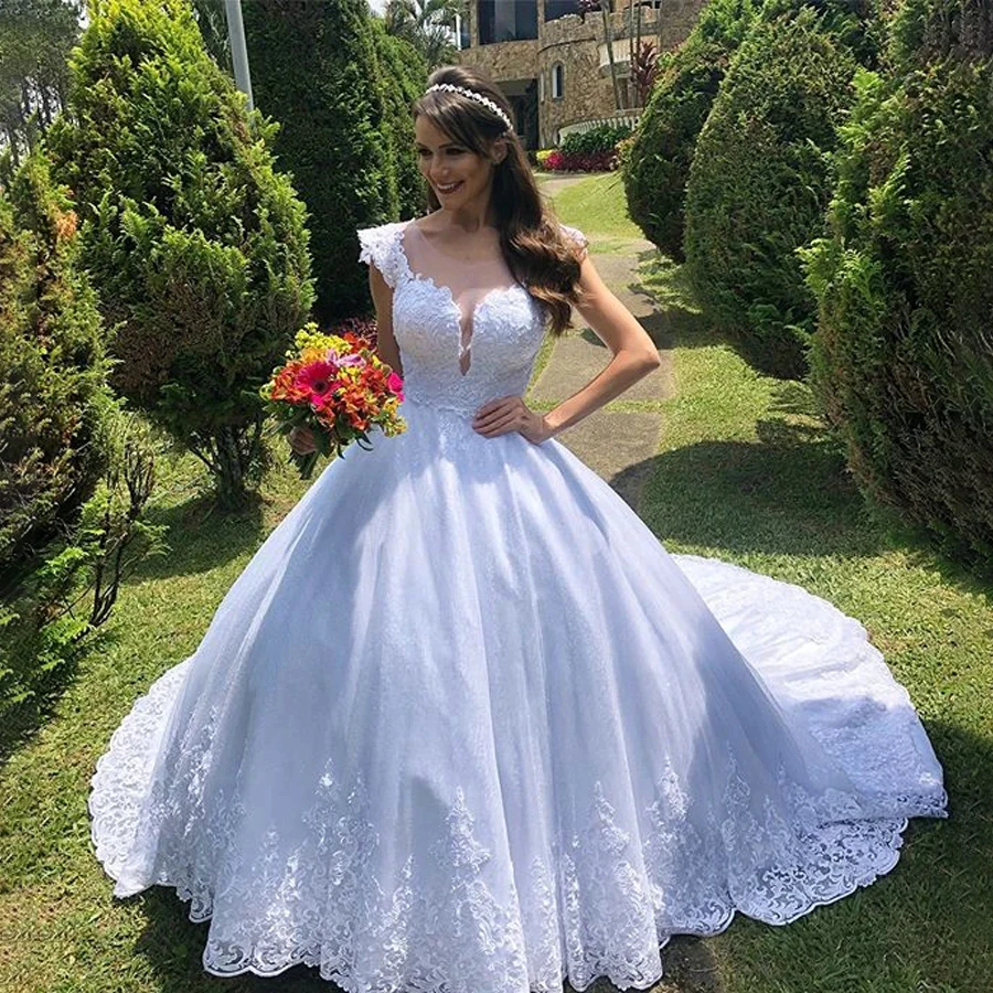 

Elegant Lace Wedding Dress Ball Gown Cap Sleeve Appliques Lace Bridal Gowns with Sheer Neck Bridal Gown vestido de noiva renda