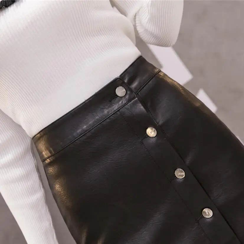 

Fashion Black PU Skirts Women High Waist Single Breasted Faux Leather Skirt office Lady Irregular Slim Sexy Mermaid Skirt s454